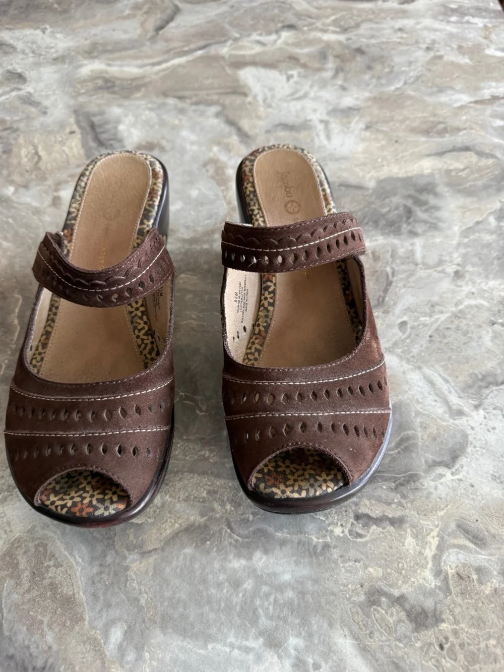 JAMBU women’s brown wedge peep toe, sling back sandals size 8 1/2